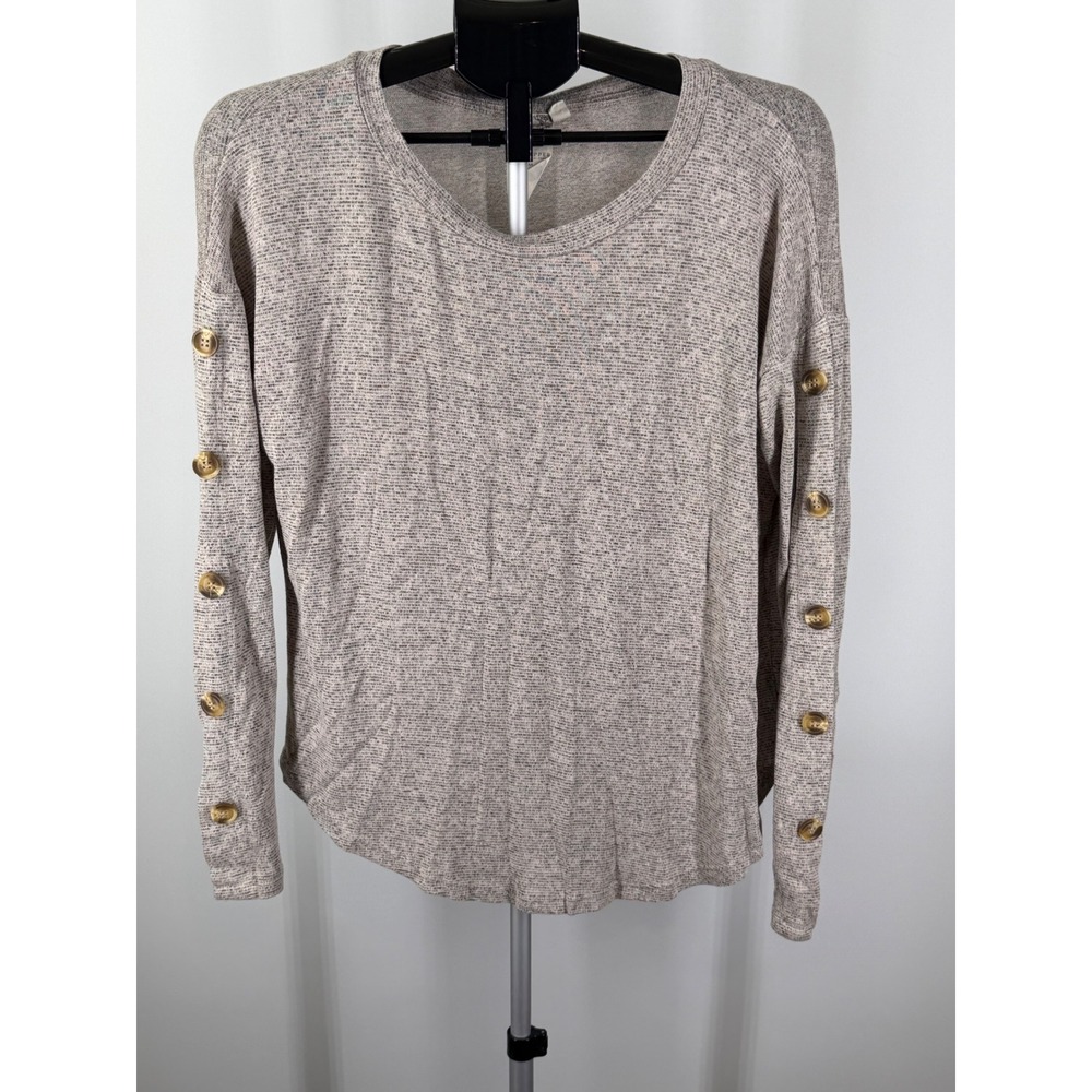 Blu Pepper Womens Oatmeal Heather‎ Knit Button Sleeve Top Crew Neck Beige Medium